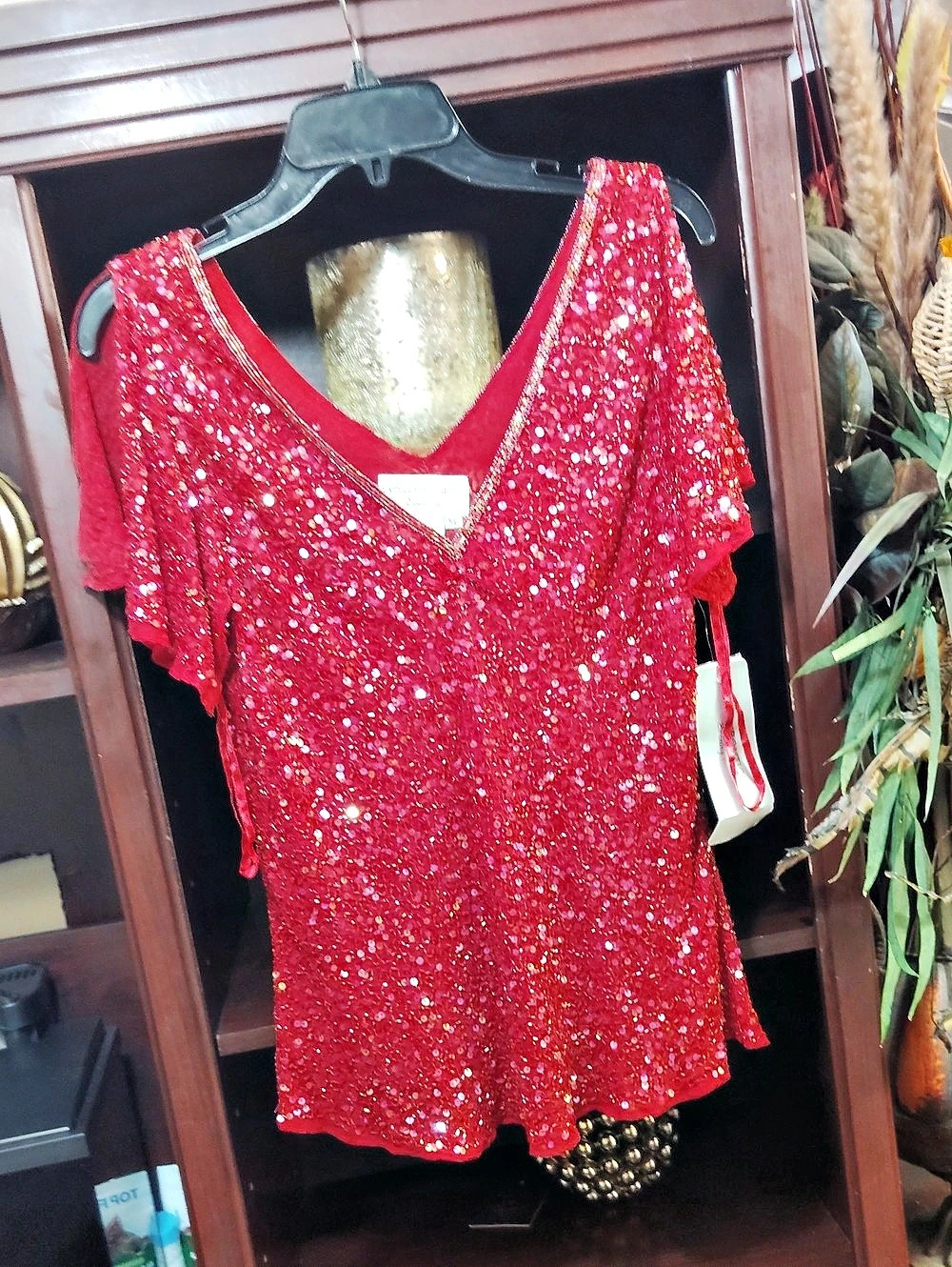 Papell Boutique Evening Sequin V-Neck Top in Red XL NWT